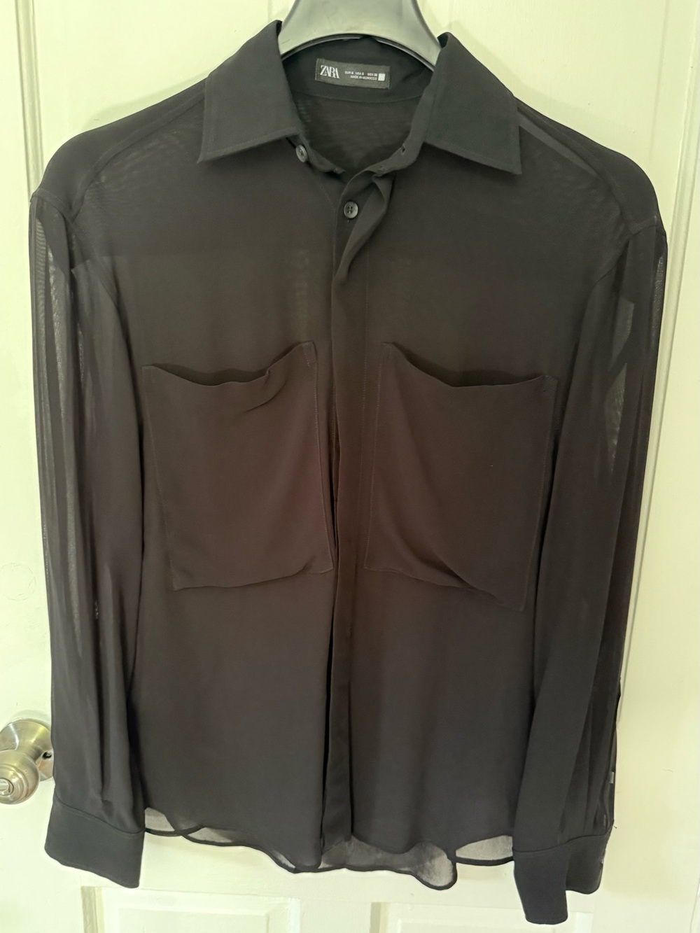 Zara Black Sheer Button-Up Shirt with Chest Pockets